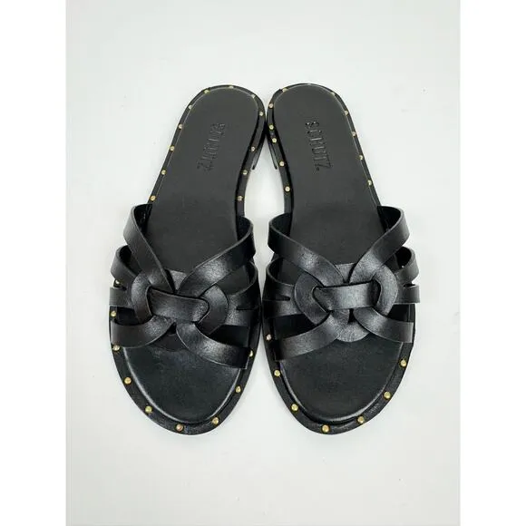 SCHUTZ BLACK PHOENIX LEATHER FLATS SANDALS