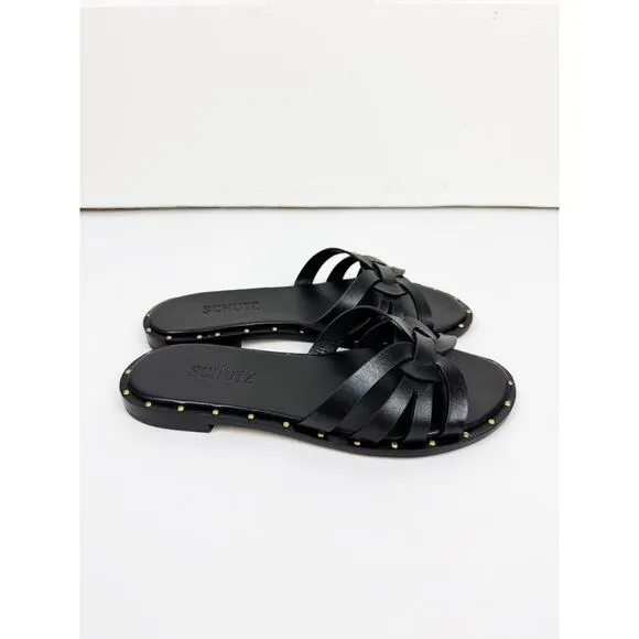 SCHUTZ BLACK PHOENIX LEATHER FLATS SANDALS