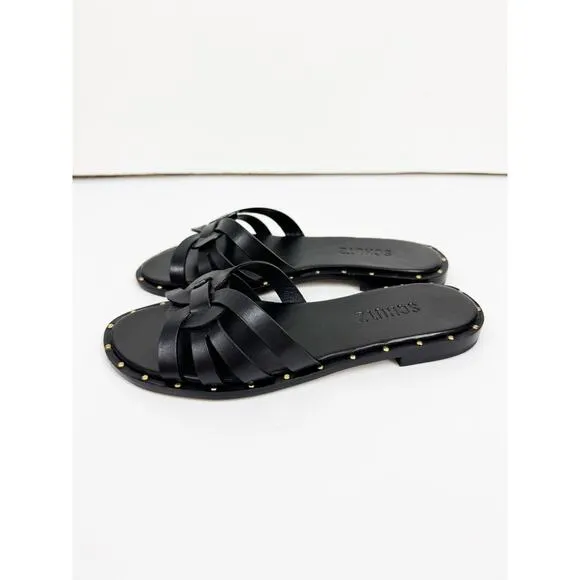 SCHUTZ BLACK PHOENIX LEATHER FLATS SANDALS