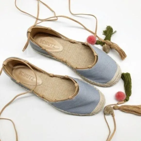 SCHUTZ Brie Lace Up Tassel Pom Pom Flats