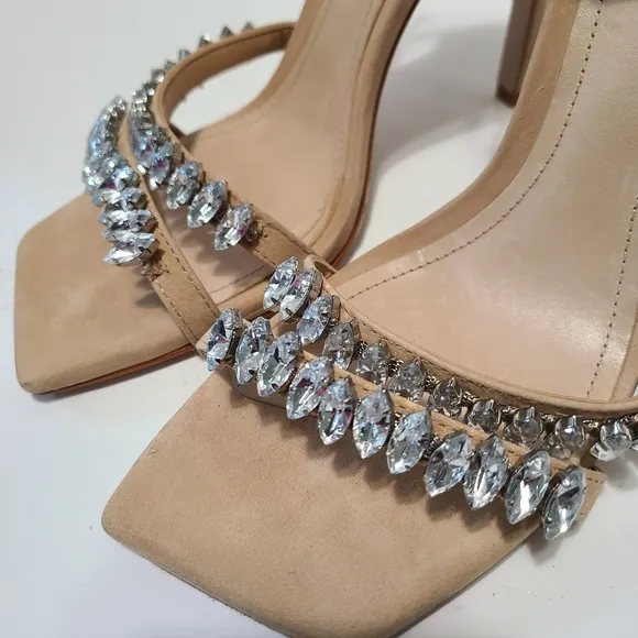 Schutz Linsey Crystal-Embellished Nubuck Sandals Strappy Stiletto Heels Size 8.5