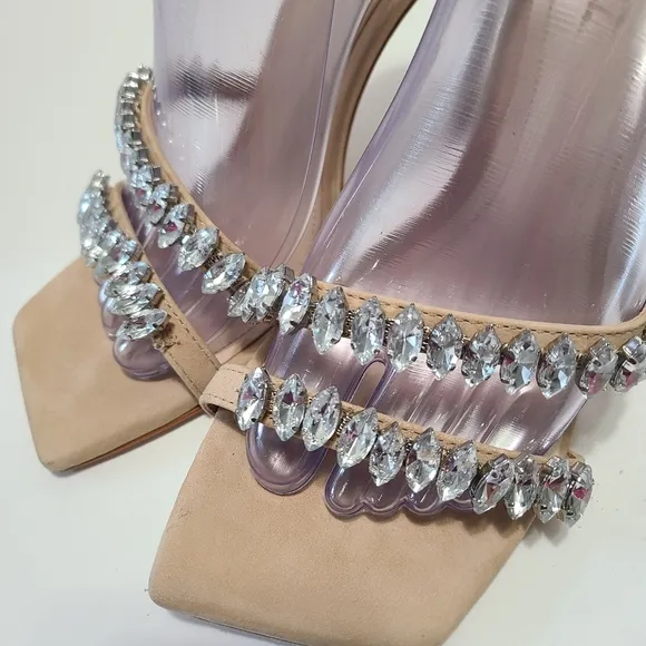 Schutz Linsey Crystal-Embellished Nubuck Sandals Strappy Stiletto Heels Size 8.5
