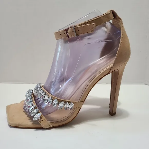 Schutz Linsey Crystal-Embellished Nubuck Sandals Strappy Stiletto Heels Size 8.5