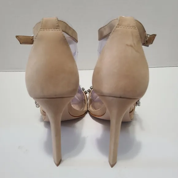 Schutz Linsey Crystal-Embellished Nubuck Sandals Strappy Stiletto Heels Size 8.5