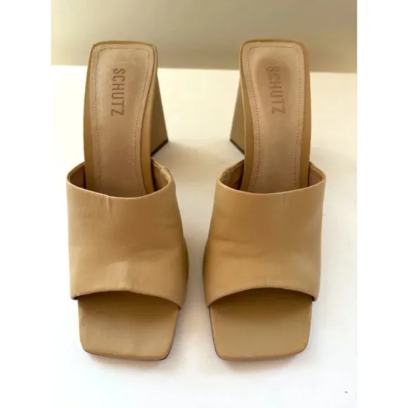 Schutz Lizah Modern Block Heel Slip on Sandal Mules Size 9.5 B Dark Nude