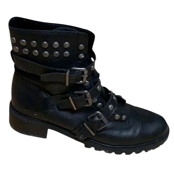 SCHUTZ size 10 black silver studded leather combat boots with buckle detail