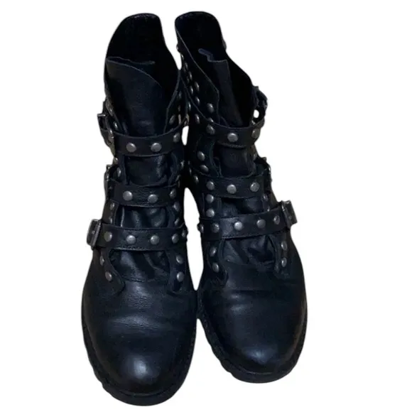 SCHUTZ size 10 black silver studded leather combat boots with buckle detail