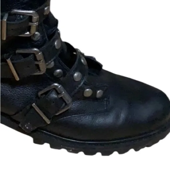 SCHUTZ size 10 black silver studded leather combat boots with buckle detail