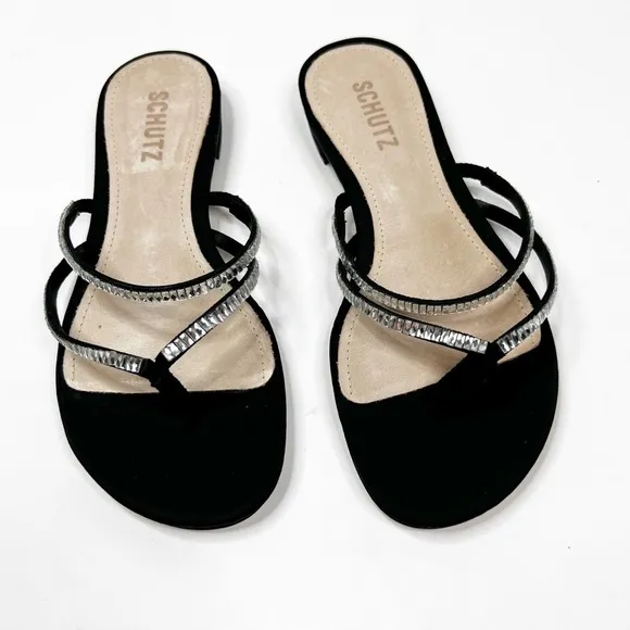 Schutz Womens Stanci Embellished Thong Slip On Sandals Black 6