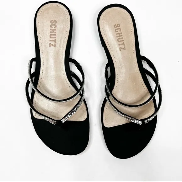 Schutz Womens Stanci Embellished Thong Slip On Sandals Black 6