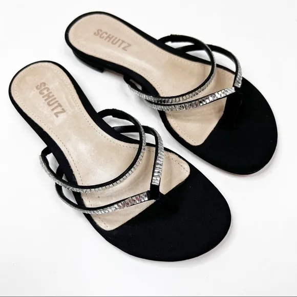 Schutz Womens Stanci Embellished Thong Slip On Sandals Black 6