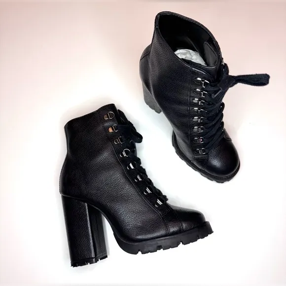 Schutz Zara Black Leather Lace Up Lug Sole Block High Heel Combat Boots Size- 6
