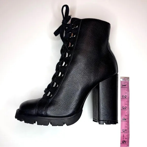 Schutz Zara Black Leather Lace Up Lug Sole Block High Heel Combat Boots Size- 6