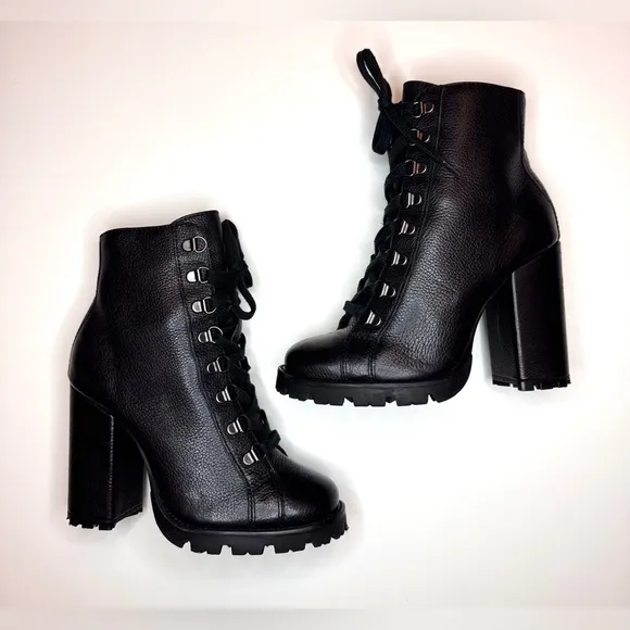 Schutz Zara Black Leather Lace Up Lug Sole Block High Heel Combat Boots Size- 6