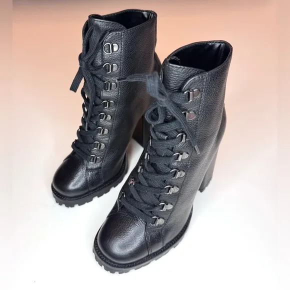 Schutz Zara Black Leather Lace Up Lug Sole Block High Heel Combat Boots Size- 6