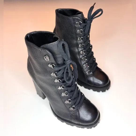 Schutz Zara Black Leather Lace Up Lug Sole Block High Heel Combat Boots Size- 6