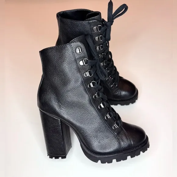 Schutz Zara Black Leather Lace Up Lug Sole Block High Heel Combat Boots Size- 6