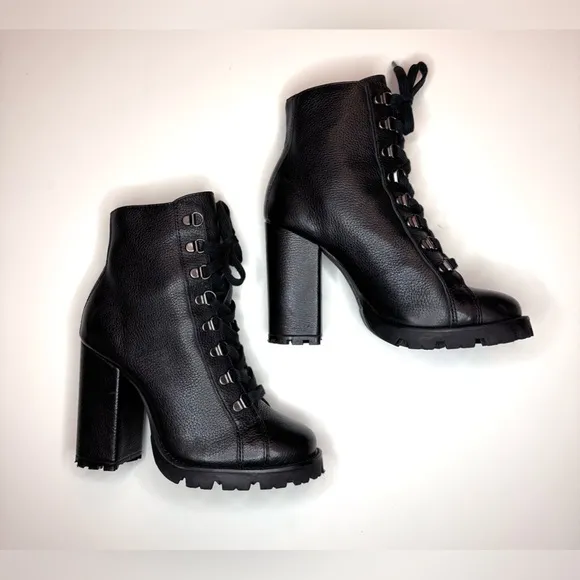 Schutz Zara Black Leather Lace Up Lug Sole Block High Heel Combat Boots Size- 6