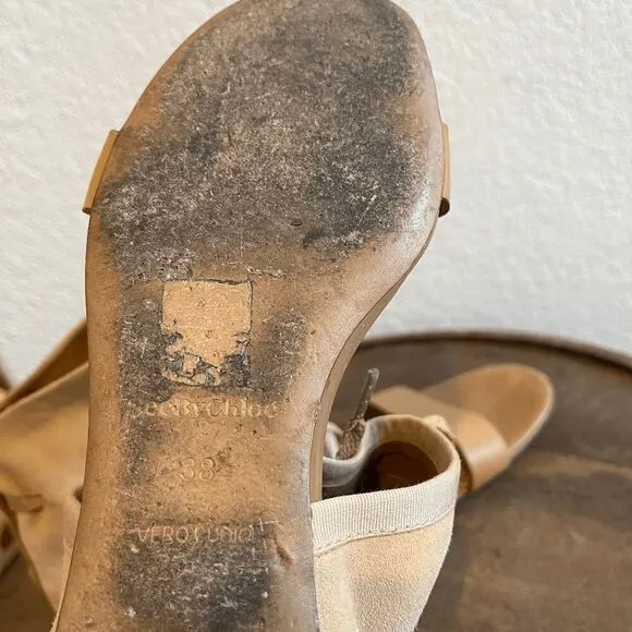 See by Chloe Tan Beige Suede Leather Kasha Sandals Women's Size 38 US 8