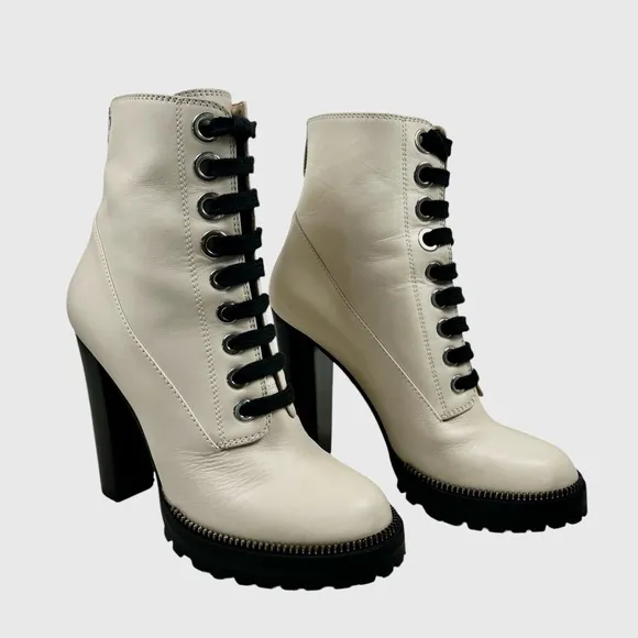 Sergio Rossi Cream Leather Heeled Combat Boots Size 37.5 | US Size 8