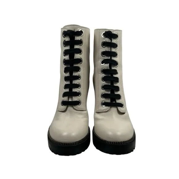 Sergio Rossi Cream Leather Heeled Combat Boots Size 37.5 | US Size 8