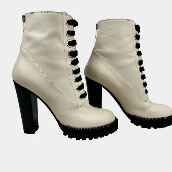 Sergio Rossi Cream Leather Heeled Combat Boots Size 37.5 | US Size 8