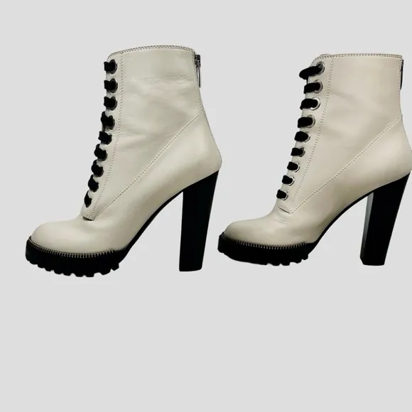 Sergio Rossi Cream Leather Heeled Combat Boots Size 37.5 | US Size 8