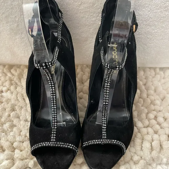 Sergio Rossi Crystal-embellished black suede sandals! Size 7.5