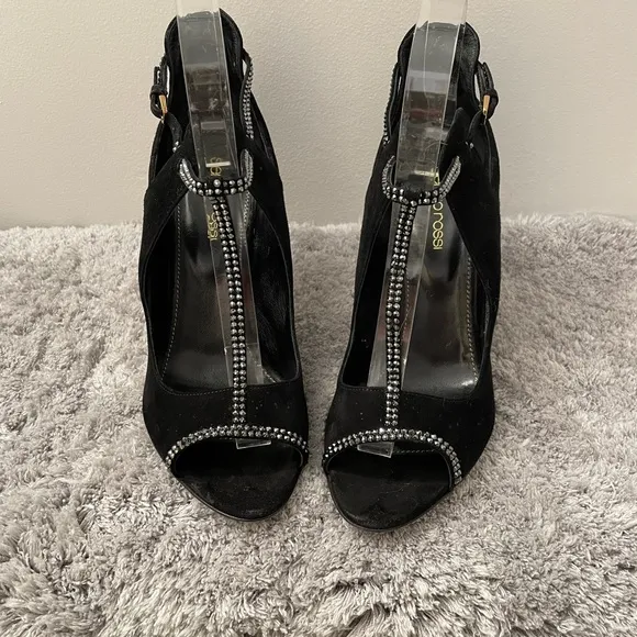 Sergio Rossi Crystal-embellished black suede sandals! Size 7.5