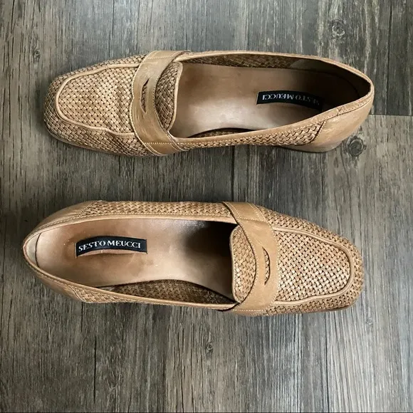 Sesto Meucci Abe Natural Stain Clf woven leather loafers in box  - Vintage