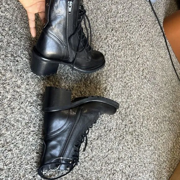 Seychelles Irresistible Black Leather Combat Lace Up Boots 6 Block Heel New