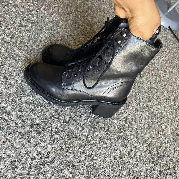 Seychelles Irresistible Black Leather Combat Lace Up Boots 6 Block Heel New