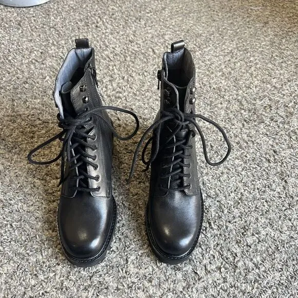 Seychelles Irresistible Black Leather Combat Lace Up Boots 6 Block Heel New