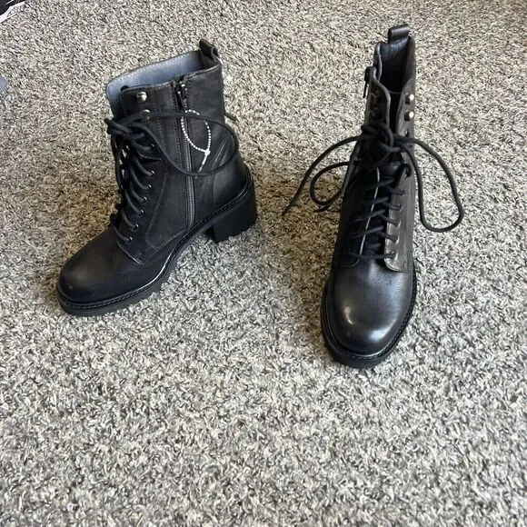 Seychelles Irresistible Black Leather Combat Lace Up Boots 6 Block Heel New