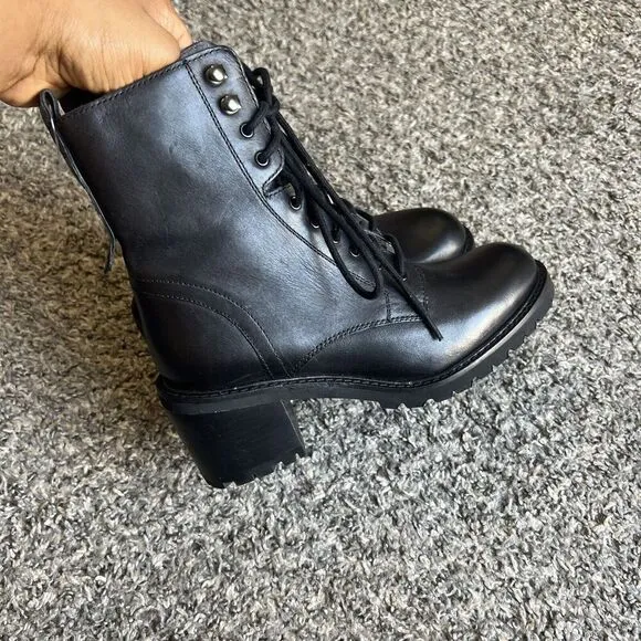 Seychelles Irresistible Black Leather Combat Lace Up Boots 6 Block Heel New