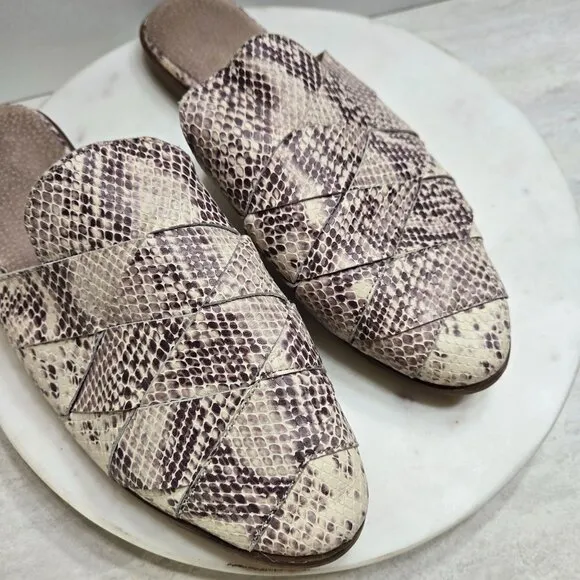 Seychelles Snake Print Mules Womens 8 SlipOn Leather Cream Woven Festival Boho