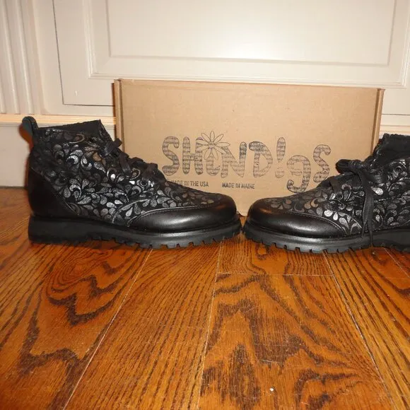 SHINDIGS Black Leather &quot;Paisley&quot; Combat Hiking Boots Size 8.5