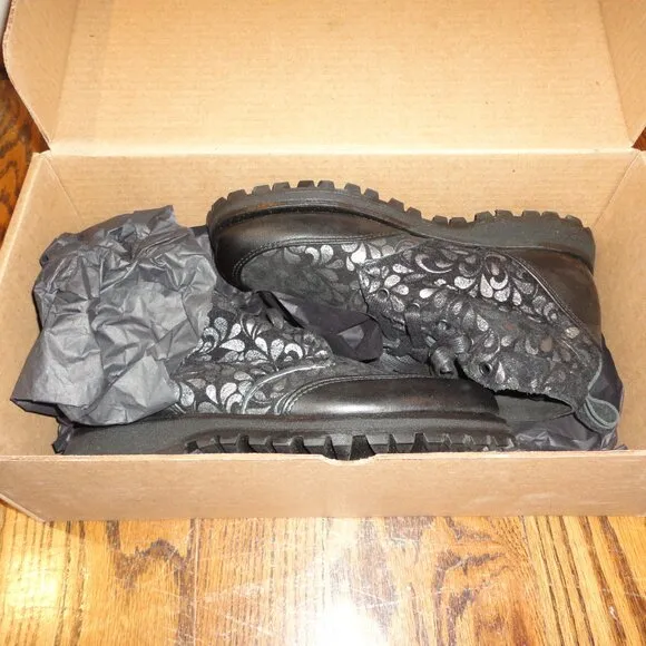 SHINDIGS Black Leather &quot;Paisley&quot; Combat Hiking Boots Size 8.5