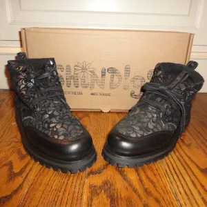 SHINDIGS Black Leather &quot;Paisley&quot; Combat Hiking Boots Size 8.5
