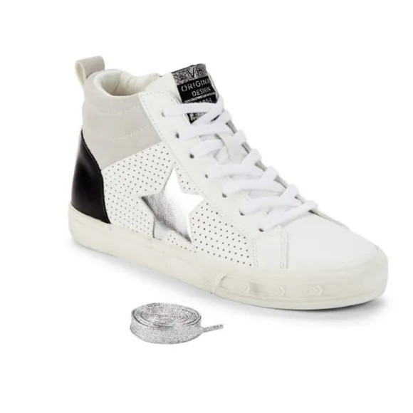 SIZE 6 Vintage Havana Women’s High Top Glitter Leather White and Black Sneakers