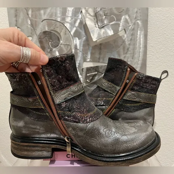 SOFFIA- Meteorite Floral Embossed Leather Chelsea Boot- Size 39