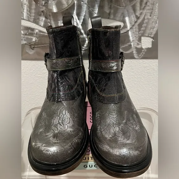 SOFFIA- Meteorite Floral Embossed Leather Chelsea Boot- Size 39