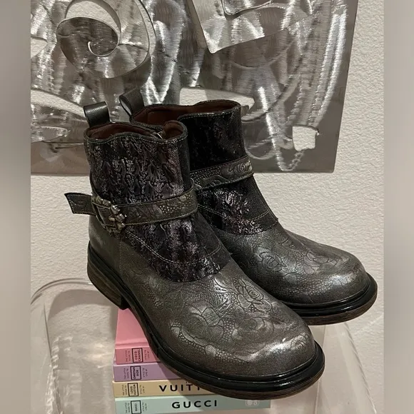 SOFFIA- Meteorite Floral Embossed Leather Chelsea Boot- Size 39
