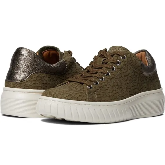 Sofft Parkyn Platform Snakeskin Print Leather Sneakers Women’s 8 Olive Green