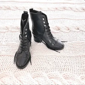 Sol Sana Lace Up Black Leather Studded Block Heel Moto Combat Biker Ankle Boots