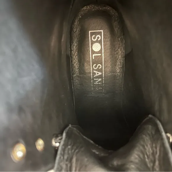 Sol Sana Lace Up Black Leather Studded Block Heel Moto Combat Biker Ankle Boots