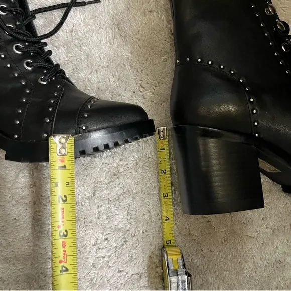 Sol Sana Lace Up Black Leather Studded Block Heel Moto Combat Biker Ankle Boots