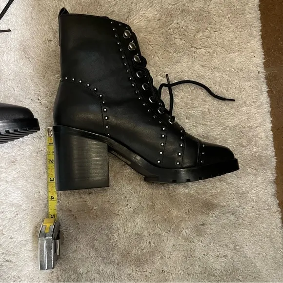 Sol Sana Lace Up Black Leather Studded Block Heel Moto Combat Biker Ankle Boots