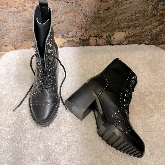 Sol Sana Lace Up Black Leather Studded Block Heel Moto Combat Biker Ankle Boots