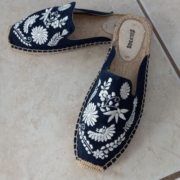 Soludos Midnight Blue Ibiza Embroidered Espadrilles Mules 7US/37.5EU